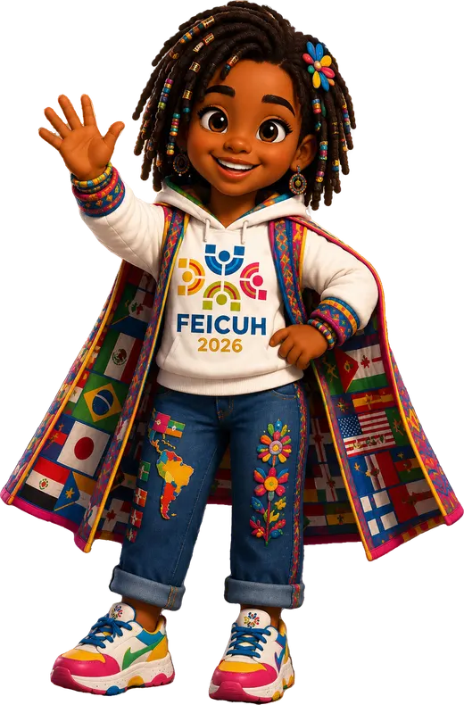 Chefi, la mascota de FEICUH, saluda con su chamarra de banderas