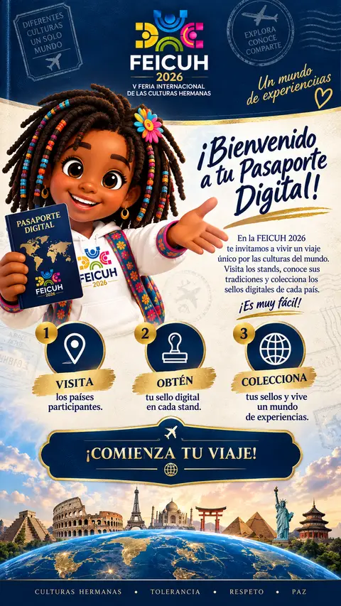 Primera página del pasaporte, con Chefi dando la bienvenida